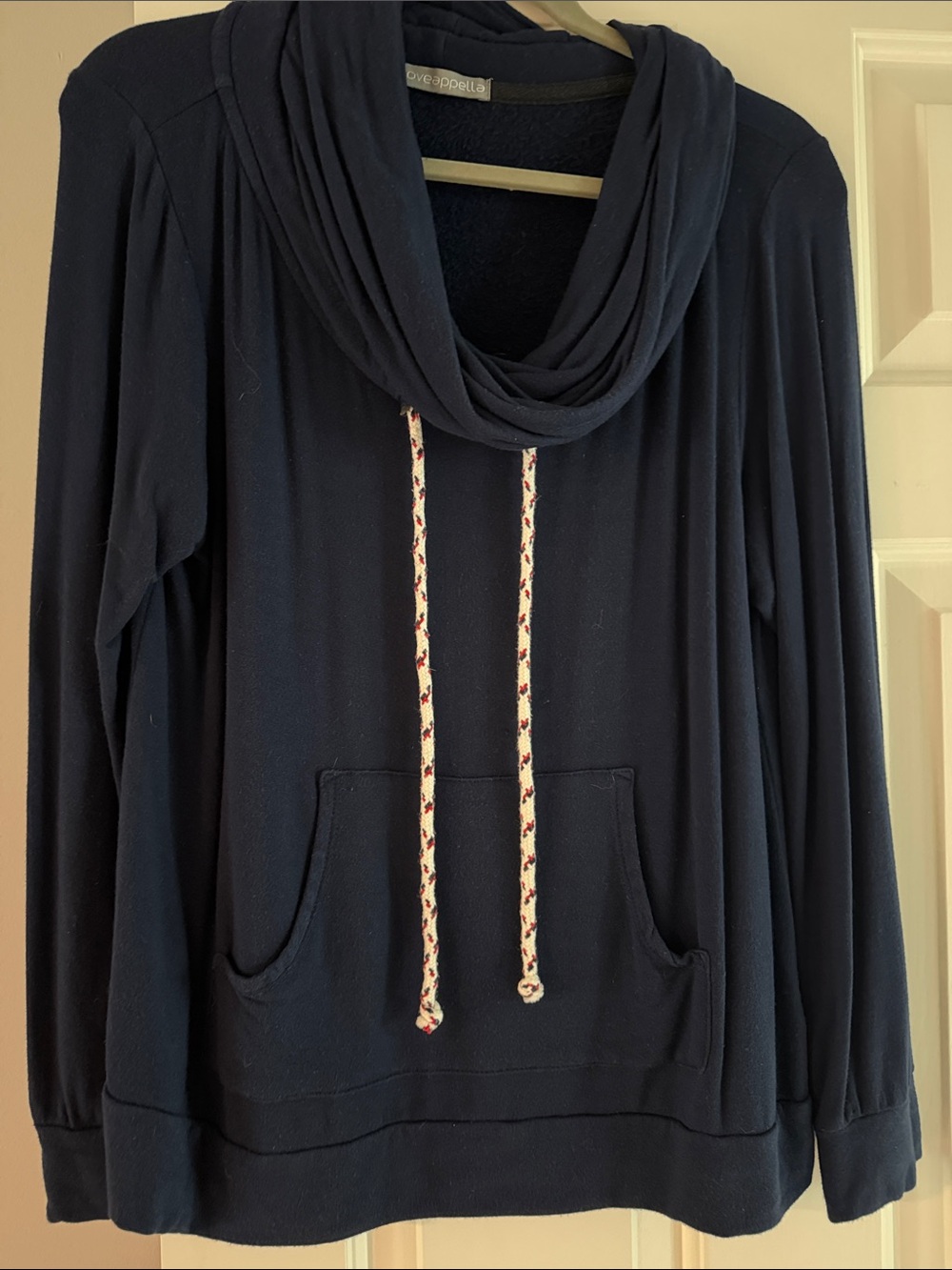 cowl neck pullover with pocket and drawstrings - navy